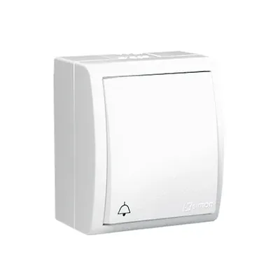 Biały natynkowy przycisk zwierny "dzwonek" Simon Aquarius IP-54 10AX, model AQD1/11.