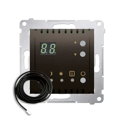 Brązowy regulator temperatury Simon 54 z wyświetlaczem LED i zewnętrznym czujnikiem, model DTRNSZ.01/46.