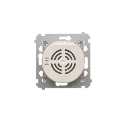 Dzwonek elektroniczny Simon 54 DDT1.01/43 na metalowym stelażu, widok od tyłu, z oznaczeniami CE i symbolem recyklingu.