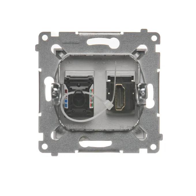 Gniazdo HDMI i RJ45 kat. 6 Simon 54 w kolorze srebrny mat, widok od tyłu z elementami montażowymi.
