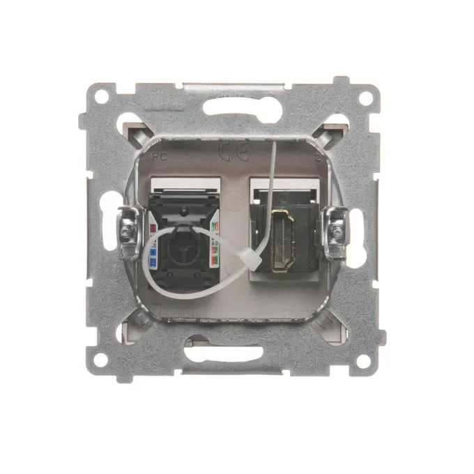 Gniazdo HDMI i RJ45 kat. 6 w kolorze brązowym matowym Simon 54, widok od tyłu z widocznymi złączami.