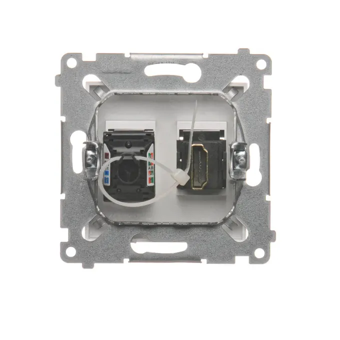 Gniazdo HDMI i RJ45 kategorii 6 Simon 54 w kolorze białym, widok od tyłu z mechanizmem montażowym.