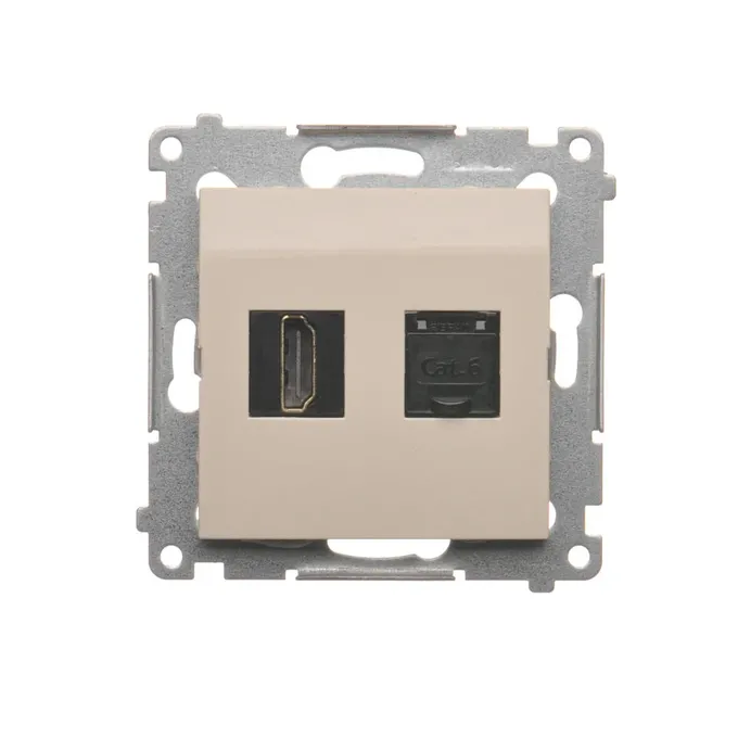 Gniazdo HDMI i RJ45 kategorii 6 w kolorze kremowym, seria Simon 54, producent Kontakt-Simon.
