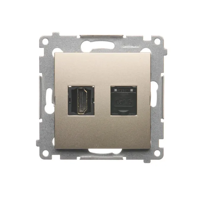 Gniazdo HDMI i RJ45 kategorii 6 w kolorze złotego matu z serii Simon 54, producenta Kontakt-Simon.
