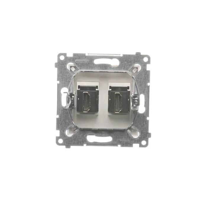 Gniazdo HDMI podwójne Złoty mat Simon 54 - DGHDMI2.01/44, widok od tyłu na metalowy mechanizm i dwa złącza HDMI.