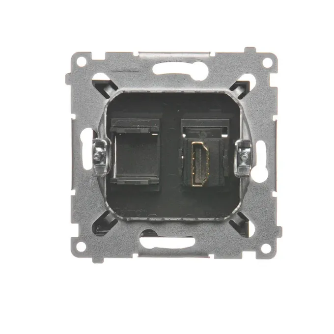 Gniazdo HDMI pojedyncze Antracyt Simon 54 - DGHDMI.01/48, widok z przodu na mechanizm z portem HDMI i złączem RJ45.