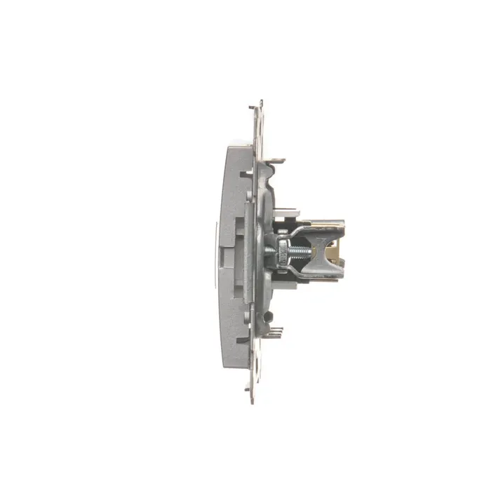 Gniazdo HDMI pojedyncze Simon 54 w kolorze srebrny mat, widok z boku, prezentujące mechanizm mocowania.