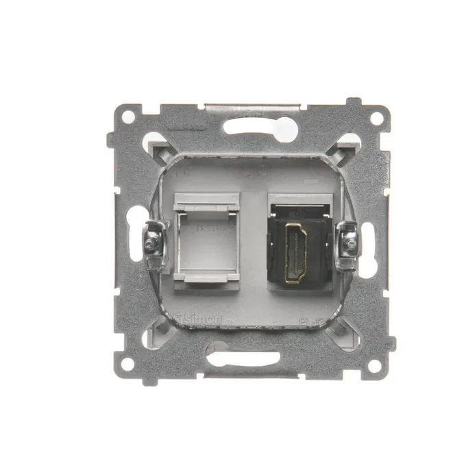 Gniazdo HDMI pojedyncze Srebrny mat Simon 54 - DGHDMI.01/43, widok od tyłu, z widocznym złączem HDMI i miejscem na drugie złącze.