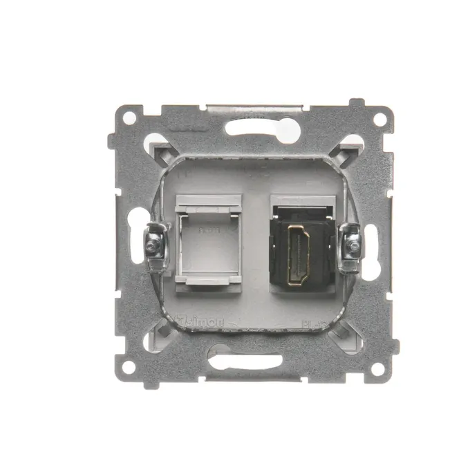 Gniazdo HDMI pojedyncze Srebrny mat Simon 54 - widok od tyłu z mechanizmem montażowym.
