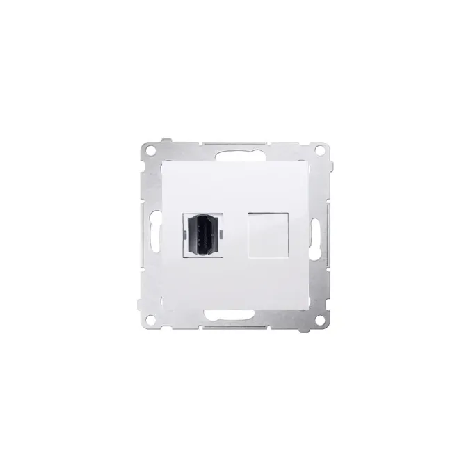 Gniazdo HDMI pojedyncze białe Simon 54 DGHDMI.01/11 - widok z przodu na biały panel z gniazdem HDMI i pustym miejscem na kolejny moduł.
