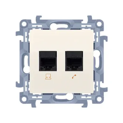 Gniazdo RJ45 kat.5e i RJ11 kremowe Simon 10 z symbolem komputera i telefonu.