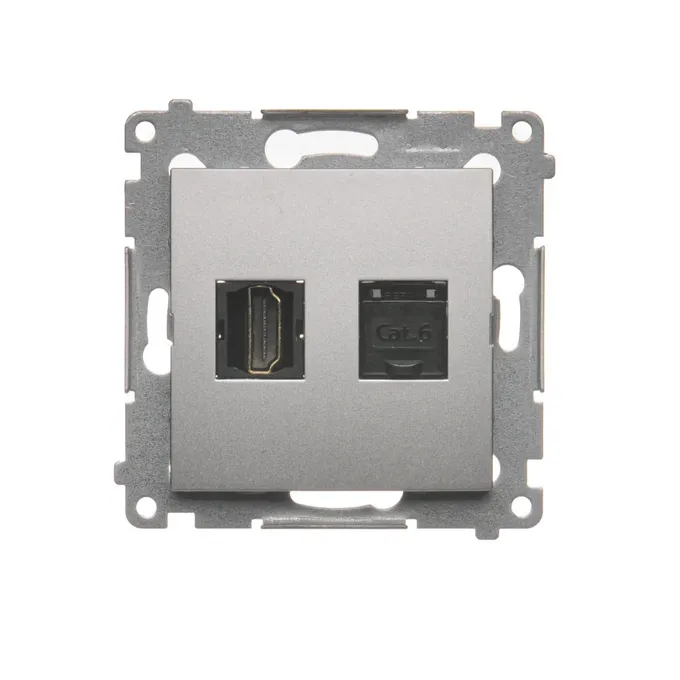 Gniazdo Simon 54 w kolorze srebrny mat z portem HDMI i gniazdem RJ45 kategorii 6