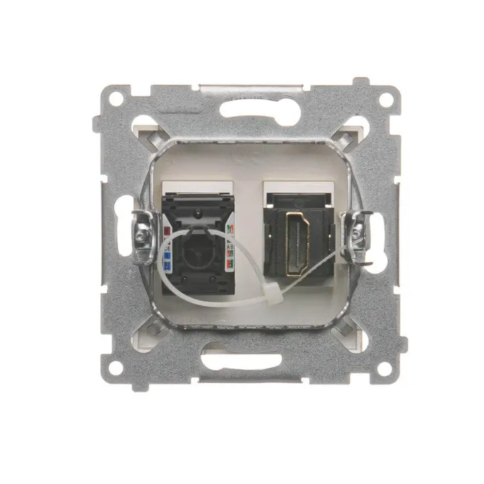 Gniazdo Simon 54 z portami HDMI i RJ45 kategorii 6, kolor złoty mat, widok od tyłu.