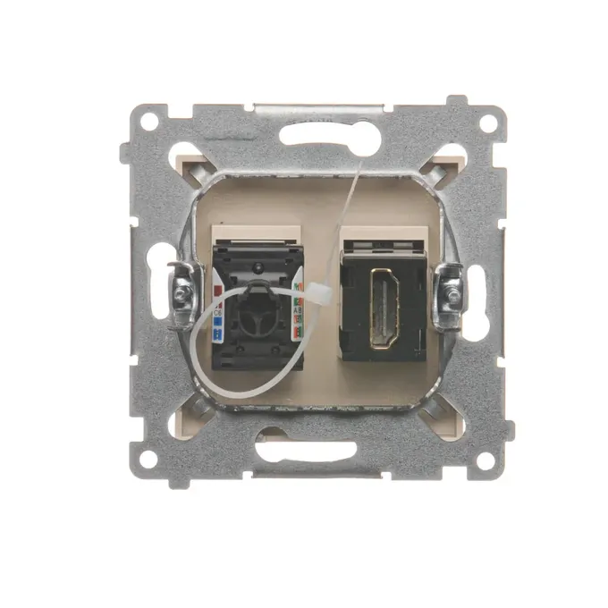 Gniazdo Simon 54 z portami HDMI i RJ45 kategorii 6, w kolorze kremowym, widok od tyłu z elementami montażowymi.