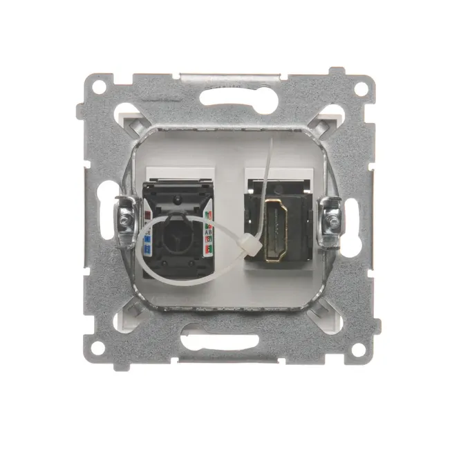 Gniazdo Simon 54 z portem HDMI i RJ45 kategorii 6, białe, widok od tyłu z mechanizmem montażowym.