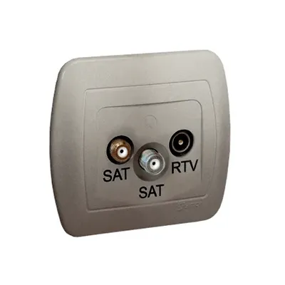 Gniazdo antenowe podwójne SAT-SAT-RTV metalizowane satynowe Simon Akord z dwoma złączami SAT i jednym RTV.