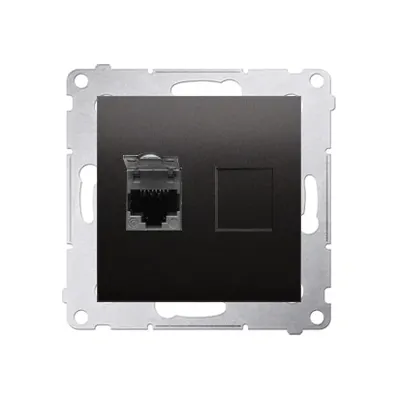 Gniazdo komputerowe RJ45 kat.6 ekranowane Simon 54 Antracyt D61E.01/48 - widok z przodu na czarny panel z gniazdem.