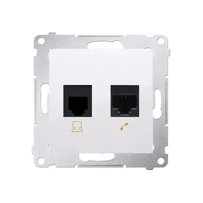 Gniazdo sieciowe RJ45 kat. 5e i telefoniczne RJ12 Simon 54, białe, z symbolami komputera i telefonu.