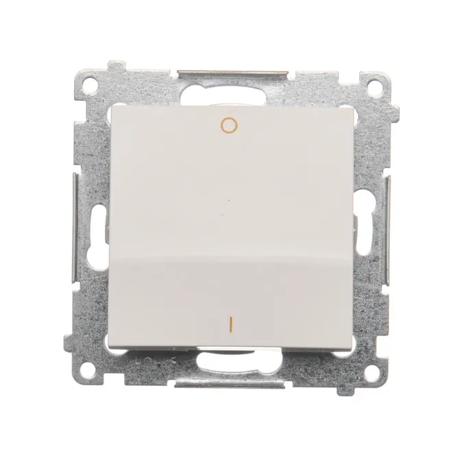 Łącznik dwubiegunowy 10AX Simon 54 w kolorze białym, model DW2.01/11, z metalowym mechanizmem montażowym.