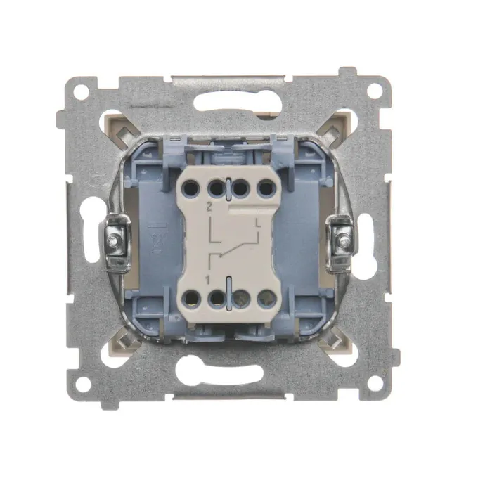 Łącznik schodowy Simon 54 DW6.01/41 kremowy, widok od tyłu z mechanizmem i zaciskami.