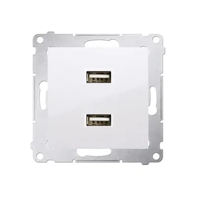 Podwójna ładowarka USB typu A+A Simon 54 w kolorze białym, model DC2USB.01/11, z metalowym stelażem montażowym.