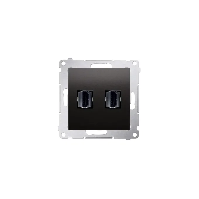 Podwójne gniazdo HDMI Simon 54 w kolorze antracytowym, z metalowym stelażem montażowym.