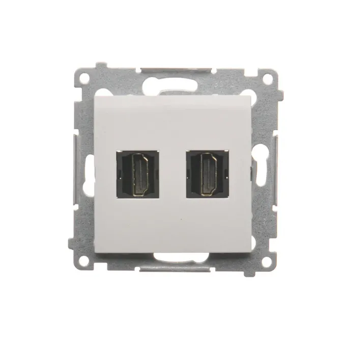 Podwójne gniazdo HDMI Simon 54 w kolorze białym, model DGHDMI2.01/11, z metalowym stelażem montażowym.