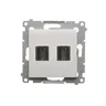 Podwójne gniazdo HDMI Simon 54 w kolorze białym, model DGHDMI2.01/11, z metalowym stelażem montażowym.