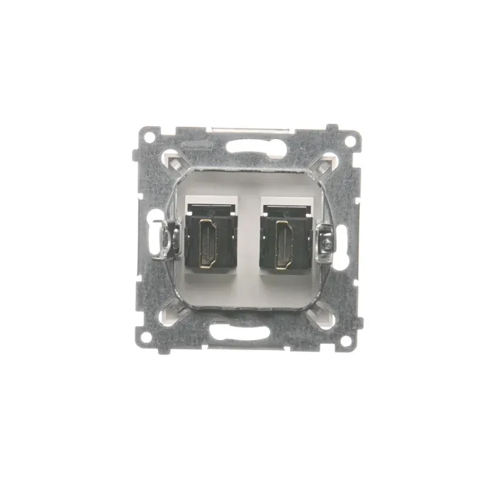 Podwójne gniazdo HDMI Simon 54 w kolorze białym, widok od tyłu, z metalowym mocowaniem.