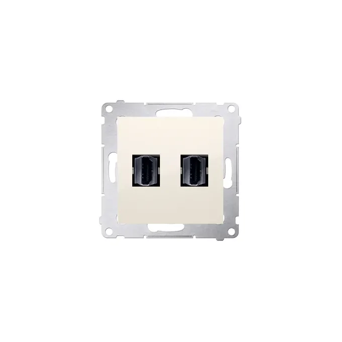 Podwójne gniazdo HDMI Simon 54 w kolorze kremowym, z metalowym mocowaniem, do montażu natynkowego lub podtynkowego.