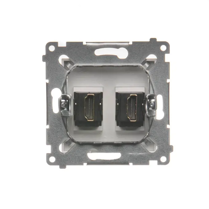 Podwójne gniazdo HDMI Simon 54 w kolorze srebrnym matowym, widok od tyłu z mechanizmem montażowym.