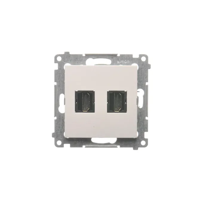 Podwójne gniazdo HDMI w kolorze białym z serii Simon 54, idealne do nowoczesnych instalacji RTV i AV.