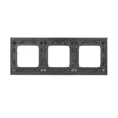 Potrójna ramka Simon 54 Premium w kolorze ciemnej stali, widok od tyłu, z widocznymi mocowaniami i otworami na mechanizmy.