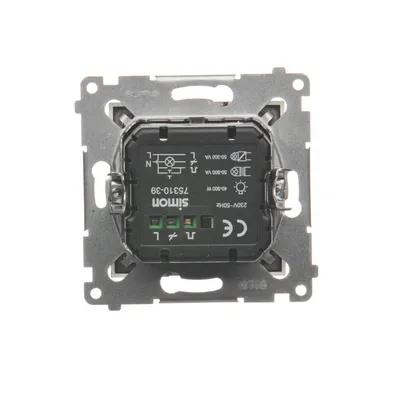 Ściemniacz dwuprzyciskowy Simon 54 Brąz mat 40-500W (300VA) D75310.01/46 z tyłu urządzenia z opisem technicznym.