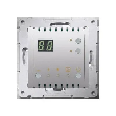 Srebrny matowy regulator temperatury z wyświetlaczem LED i czujnikiem wewnętrznym, model DTRNW.01/43 marki Kontakt-Simon.