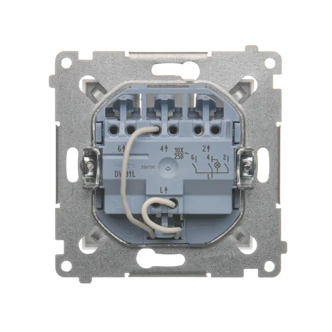 Tył łącznika potrójnego Simon 54 z podświetleniem LED, widoczne zaciski śrubowe, oznaczenia 10AX 250V i schemat podłączenia.