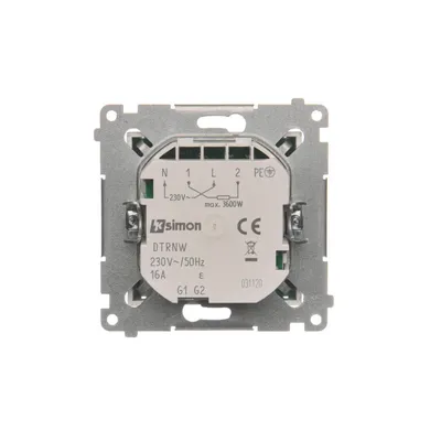 Tył regulatora temperatury Simon 54 DTRNW.01/43 z widocznymi zaciskami, oznaczeniami elektrycznymi i logo producenta.