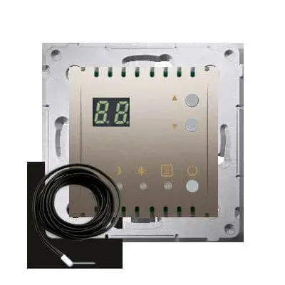 Złoty matowy regulator temperatury Simon 54 z wyświetlaczem LED i zewnętrznym czujnikiem, model DTRNSZ.01/44.
