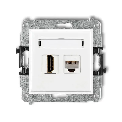 Gniazdo HDMI 2.0 i RJ45 kat.5e Karlik MINI białe matowe z polem opisowym, widok z przodu.