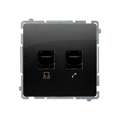 Gniazdo RJ45 kat. 5e i RJ11 Simon Basic w kolorze czarny mat, z symbolami komputera i telefonu.