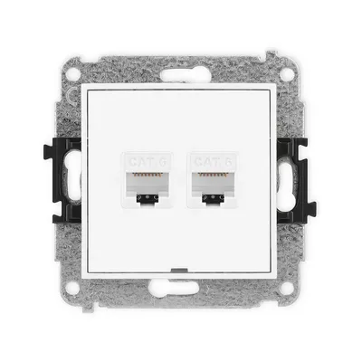 Gniazdo komputerowe podwójne RJ45 Karlik MINI, kategoria 6, białe matowe, z dwoma portami.