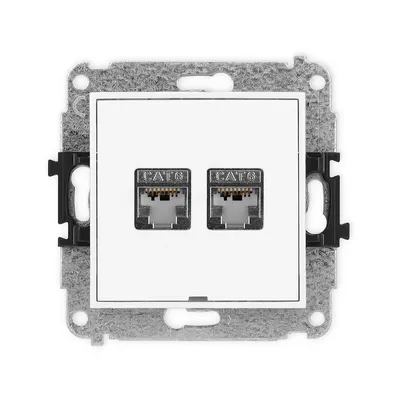 Gniazdo komputerowe podwójne RJ45, kat.6, ekranowane, białe matowe Karlik MINI - widok z przodu.