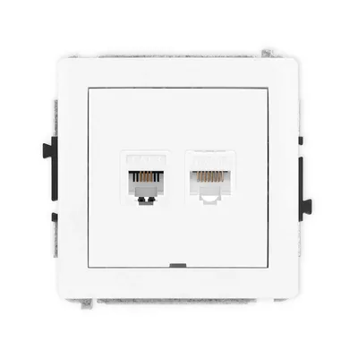 Gniazdo komputerowo-telefoniczne RJ11+RJ45 Karlik DECO, białe matowe, z dwoma portami Cat.3 i Cat.5e.