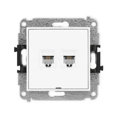 Gniazdo telefoniczne podwójne Karlik MINI w kolorze białym matowym, z dwoma portami RJ45 CAT.3.