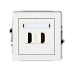 Podwójne gniazdo HDMI 2.0 Karlik DECO w białej, matowej ramce z polem opisowym, idealne do nowoczesnych instalacji AV.