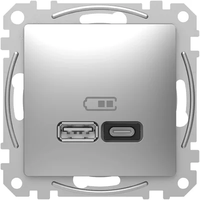 Srebrna podwójna ładowarka USB typu A+C Schneider Sedna Design&amp;Elements z symbolem baterii.