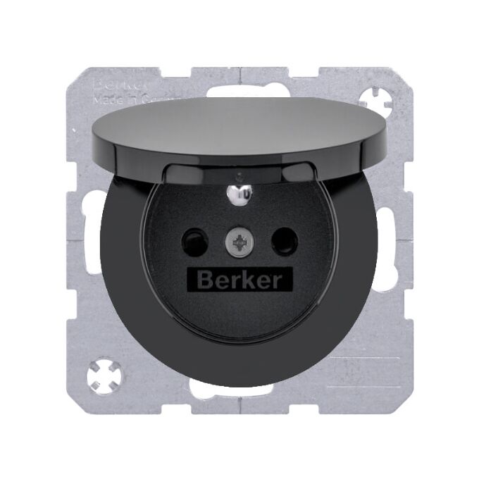 Gniazdo bryzgoszczelne IP-44 z pokrywą i przesłonami (szybkozłącza) Czarny połysk Berker R.1/R.3/R.8