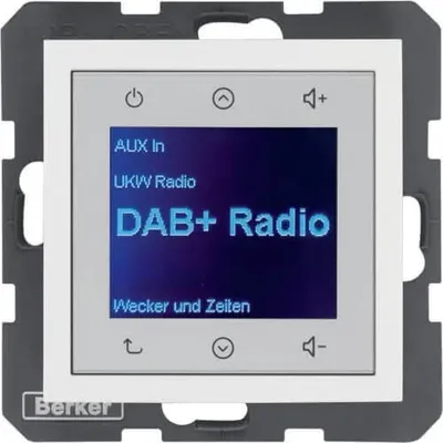 Radio Touch DAB+ Berker B.Kwadrat w białej ramce, z ekranem wyświetlającym DAB+ Radio, AUX In i opcje ustawień.