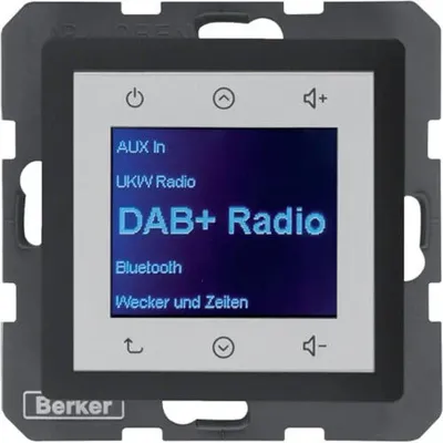 Radio Touch DAB+ z Bluetooth Antracyt aksamit Berker Q.1/Q.3/Q.7 - widok z przodu na panel z ekranem dotykowym.
