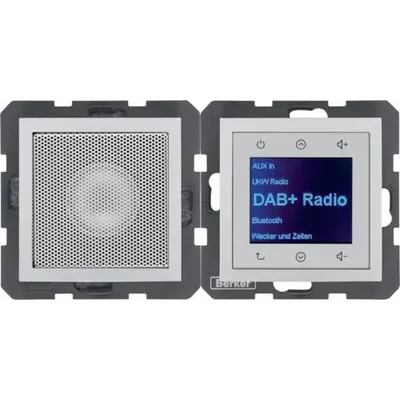 Radio Touch DAB+ z głośnikiem i Bluetooth Berker, matowe aluminium, widok panelu z głośnikiem i ekranem dotykowym